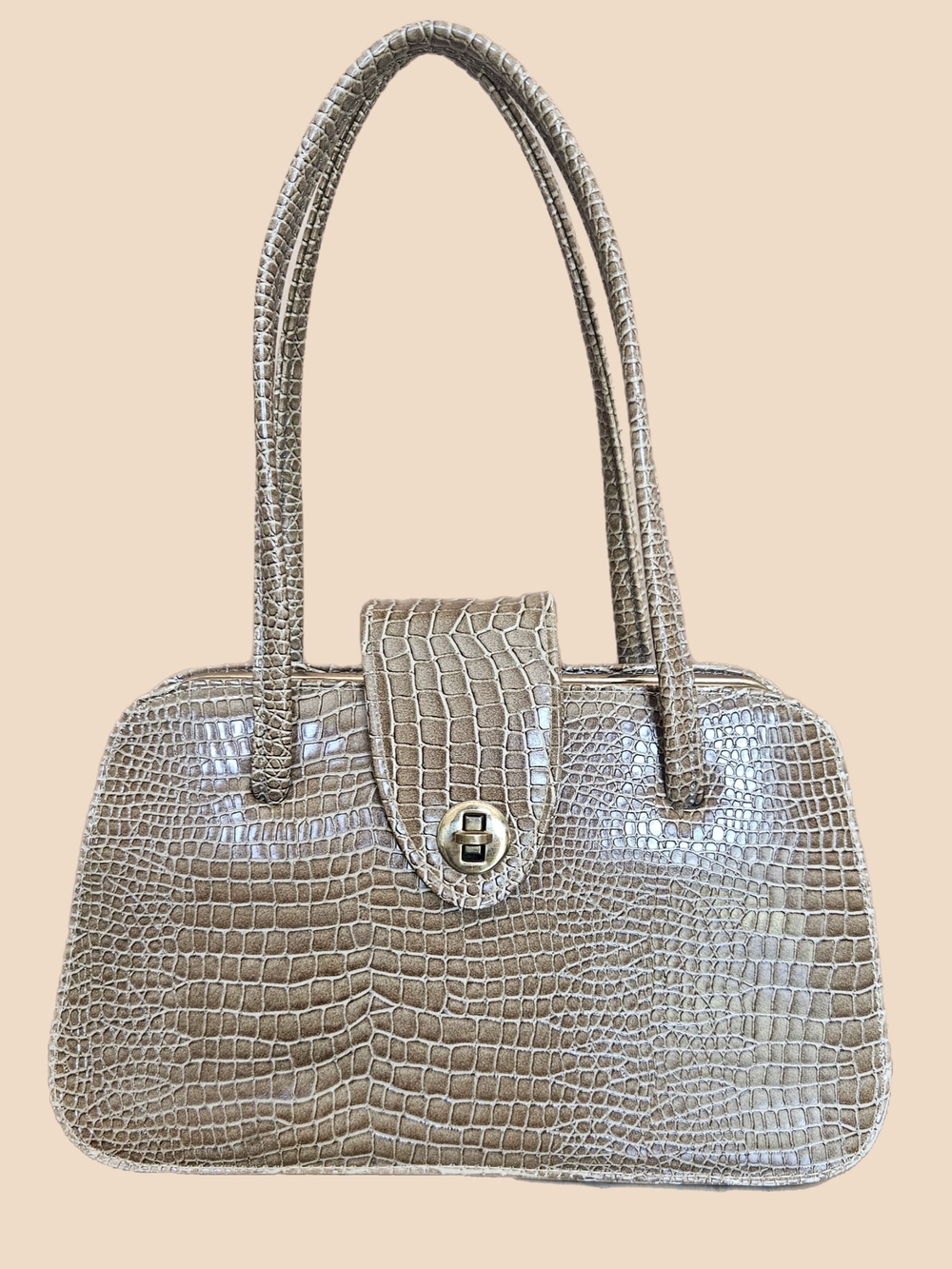 Vintage 1950s Twin Frame Double Kiss Lock Moc Croc Handbag Brown Vinyl
